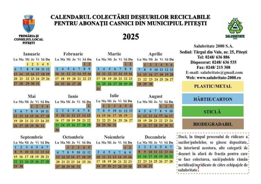 Salubritate 2000 reamintește programul de colectare a deșeurilor reciclabile în Pitești