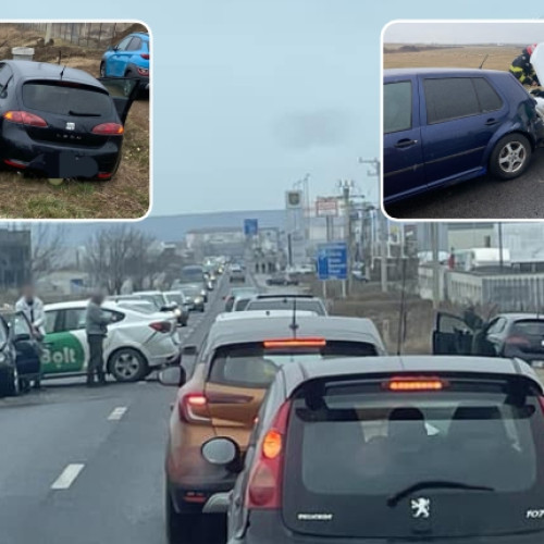 Trafic blocat în Albota datorită unui impact violent între trei mașini - nicio persoană rănită