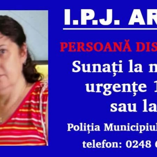 Alertă de dispariție în Pitești! Femeia MAZILU FILOFTEIA, de 53 de ani, a plecat de acasă și nu a mai fost văzută de către soțul său. Polițiștii o caută în toate zonele orașului.